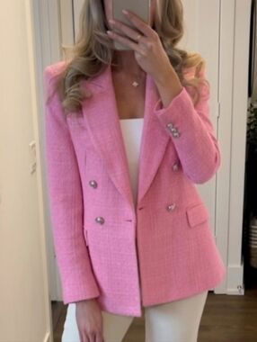 Zara Textured Tweed Double Breasted Blazer Pink Size XS